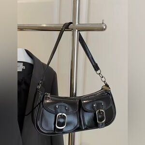 Amazon Black Leather Shoulder Bag with Buckle Accents